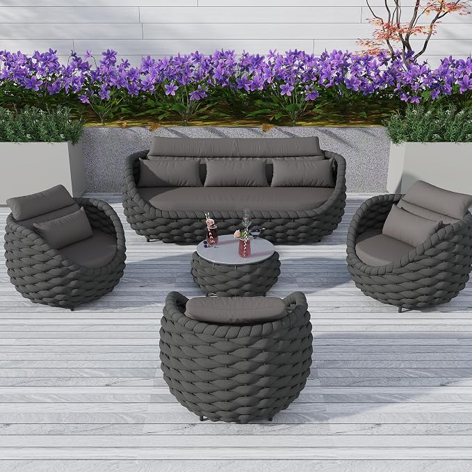 TWT Outdoor Patio Furniture Set-6 Pieces Aluminum Sectional Sofa, Metal Patio Conversation Set with Threeseat & Armchair, Textile Rope and Coffee Table, Dark Grey