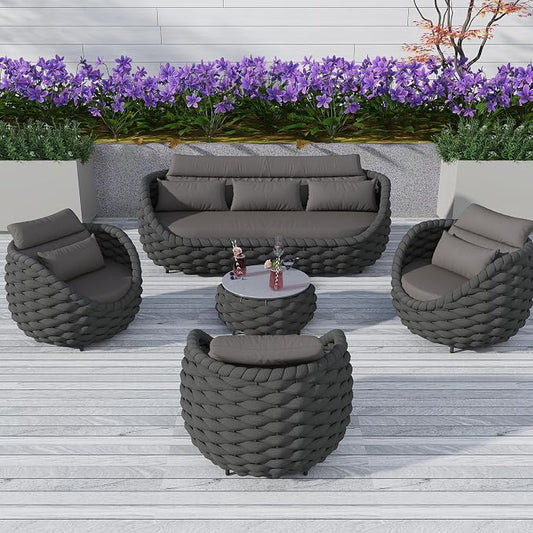 TWT Outdoor Patio Furniture Set-5 Pieces Aluminum Sectional Sofa, Metal Patio Conversation Set with Threeseat & Armchair, Textile Rope and Coffee Table, Dark Grey