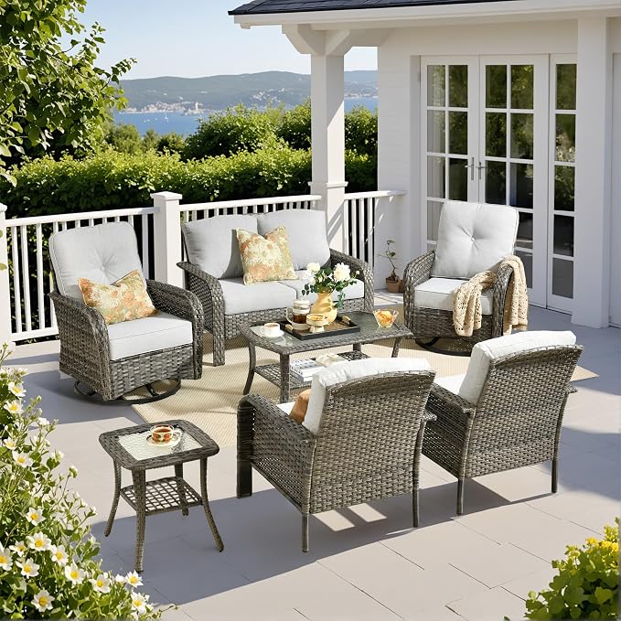 7 Piece Wicker Patio Furniture Set with Swivel Chairs, Light Gray | High Back Swivel Rocker Chairs, Outdoor Loveseat Sofa, Coffee Table, Rattan Conversation Set, Porch Deck Backyard Poolside