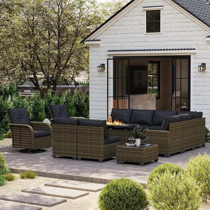 LET'S PATIO Luxury Patio Furniture Set with Fire Pit Table，13 Piece Outdoor Furniture Sectional Set with Swivel Rocker Chairs of 2，All-Weather Patio Sectional Sofas with Thickened Cushions, Black
