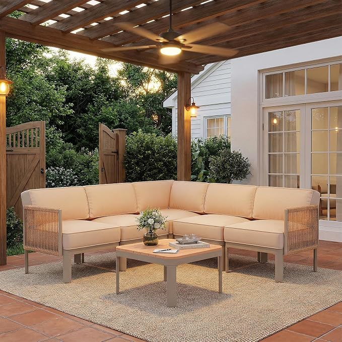 EROMMY 6 Pieces Patio Sectional Furniture Set, Metal Frame Outdoor Conversation Set with 6" Thick Cushions & Coffee Table, All-Weather Sectional Sofa for Poolside, Deck, Backyard, Beige
