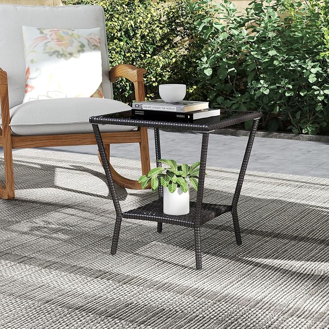 Outdoor Small Patio Table - PE Rattan Coffee Table, Wicker Side Table for Patio, Balcony & Porch, Durable & Iron Frame (2, Black Brown)