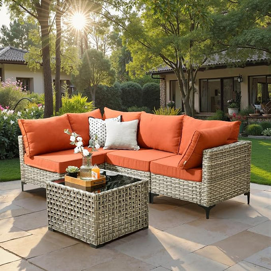 5 Piece Outdoor Patio Furniture with Glowing Coffee Table, Rattan Wicker Conversation Set with Sofa, Sectional Single Chairs for Outside Porch Balcony Backyard Pool,Orange