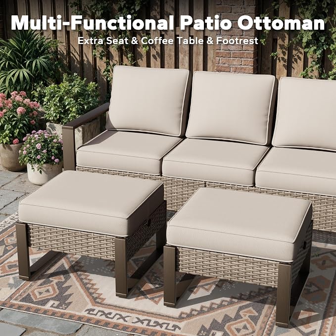 Joyside Outdoor Patio Chairs, 5 Pieces Wicker Rattan Furniture Set, 2 Patio Chairs, 1 Sofa and 2 Ottoman, Metal Wide Armrest, Thick Cushions and Deep Seating for Garden, Backyard, Porch, Deck
