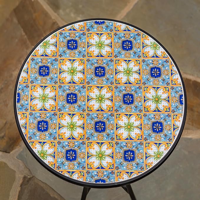 Zaer Ltd. Mosaic Tile Furniture with Black Metal Frame and Patterned Tile Tops (Bar Harbor - Black/Blue/Green, Bistro Set (2 Chairs, 1 Table))