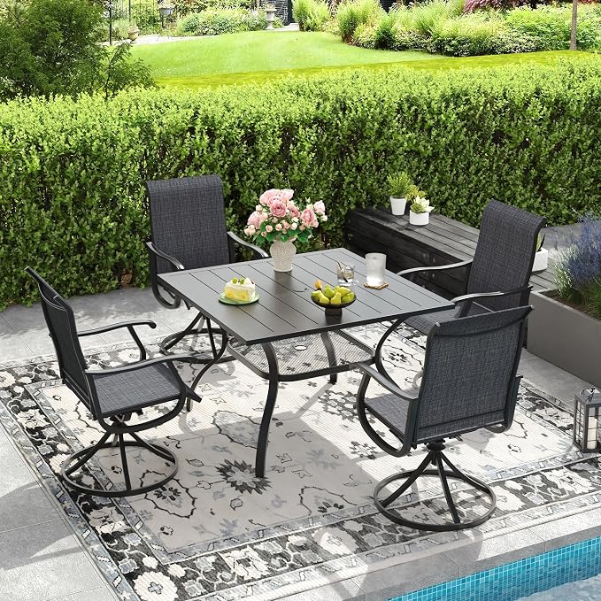 DIFY Patio Table and Chairs Set for 4, 5 Piece Outdoor Dining Set, 37.8" Black Square Metal Dining Table with Umbrella Hole and 4 Dark Grey Textilene Swivel Patio Chairs, for Garden Backyard Deck