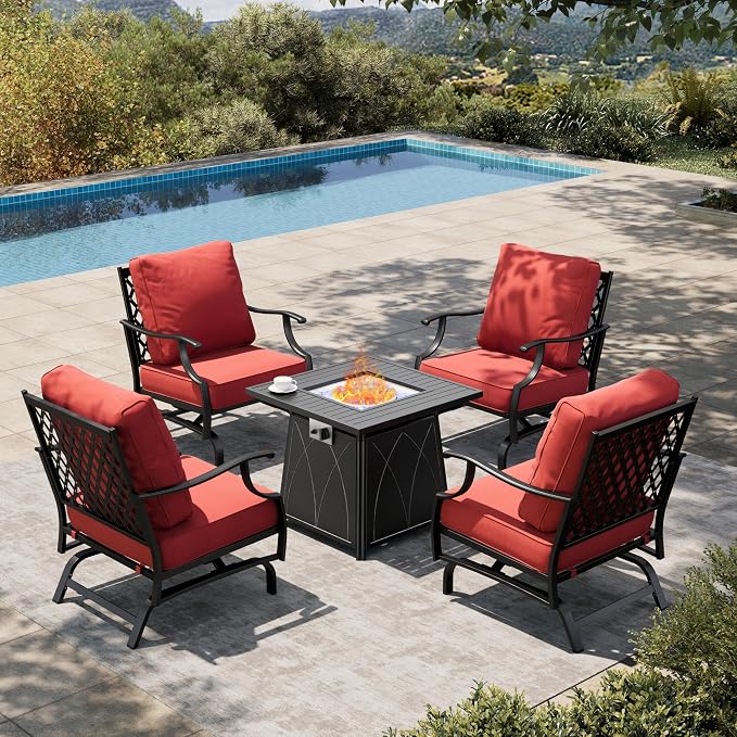 HERA'S HOUSE 5 Pieces Patio Furniture Set with Fire Pit Table, 4 x Thick Cushioned Rocking Chairs, 1 x 28 Fire Pit Table (50,000 BTU), Outdoor Conversation Set for Garden, Backyard, Lawn, Red
