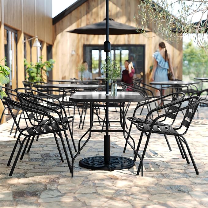 Flash Furniture Lila Commercial 5-Piece Outdoor Dining Set, Tempered Glass Patio Table with Umbrella Hole, 4 Triple Slat Chairs, 47", Black