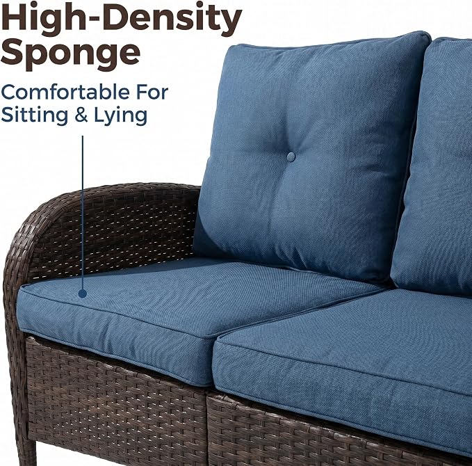 YLGJ&TIDY Outdoor Furniture 2PCS Set All-Weather Brown Wicker Patio Conversation Set 3 Seater Rattan Sofa Glass Coffee Table for Garden Backyard Porch Balcony w/Thick Cushions (Blue,2PCS Sofa/Table)