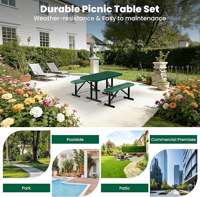 4FT Outdoor Metal Picnic Table with 2 Benches,Heavy Duty Rectangular Picnic Table Set for Outside, Waterproof Commercial Restaurant Table Furniture for Park, Campfield, Patio, Garden, Yard