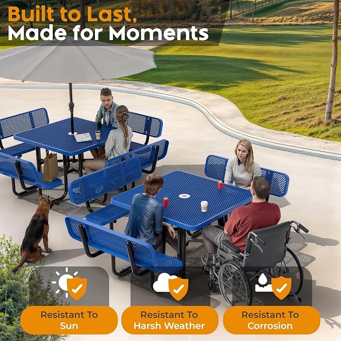Metal Picnic Tables for Outdoors with Umbrella Hole - Coated Steel Heavy Duty Commercial Grade Furniture (Blue, 46 in, Square with Back, Expanded Steel)