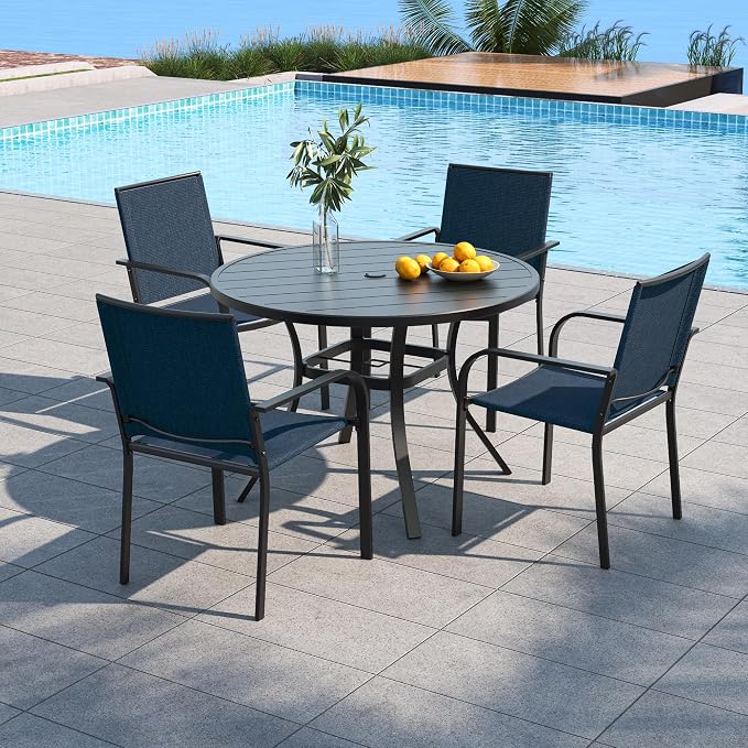 Outdoor 41" Round Metal Table and Navy Blue Stackable Chairs Dining Set 5 | 4 Piece Stackable Chairs Textilene Seat and Back, Table and Chair with Metal Frame, Round Slat Table Top, 1.9" Umbrella Hole
