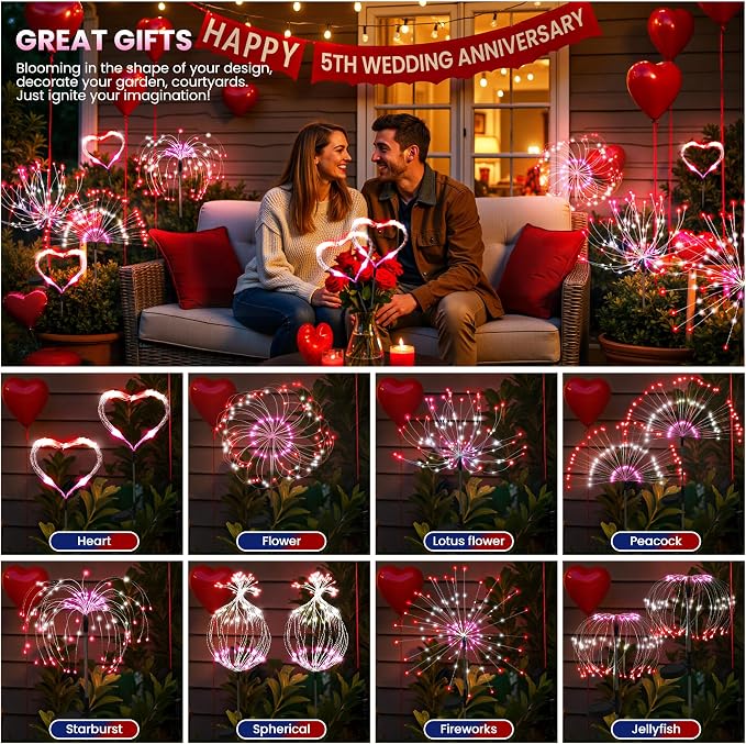 PEVOROS Solar Firework Fairy Garden Lights Outdoor, Red/White/Pink, 4 Pack | 120 LEDs, Waterproof, Fairy Garden Decor, Auto On/Off, Solar Powered, for Yard, Patio, Porch, Flower Pot, Pathway