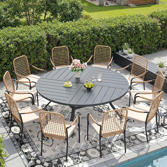 DIFY 11 Pieces Outdoor Dining Set, Metal Patio Table and Chairs Set for 10, 63" Round Dining Table with Umbrella Hole & Wicker Stackable Patio Chairs with Cushions, Grey Tabletop