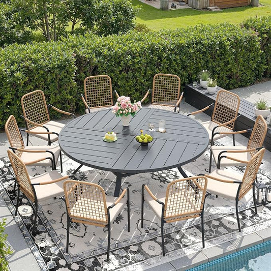 DIFY 11 Pieces Outdoor Dining Set, Metal Patio Table and Chairs Set for 10, 63" Round Dining Table with Umbrella Hole & Wicker Stackable Patio Chairs with Cushions, Grey Tabletop