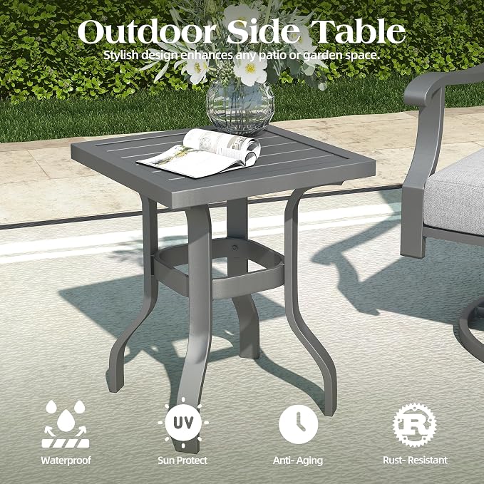 4 Piece Aluminum Patio Furniture Set, Metal Outdoor Conversation Set w/3-Seat Sofa, 2 Rocking Swivel Chairs, Side Table, Patio Bistro Set w/5" Thickened Cushions for Backyard, Poolside, Gray