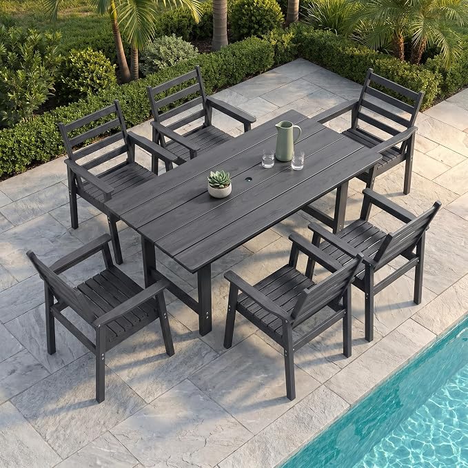 7 Piece HDPE Outdoor Dining Set for 6, Patio Dining Furniture Set with 2” Umbrella Hole, Weather Resistant Outdoor Table and Chairs for Garden, Poolside, Backyard, Deck