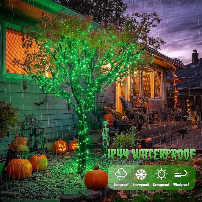 JMEXSUSS 4 Pack Solar Fairy Lights, 100 LED 33FT Green Halloween Lights | Outdoor Waterproof, 8 Modes Copper Wire Solar String Lights for Patio Garden Yard Tree Christmas Halloween Decorations