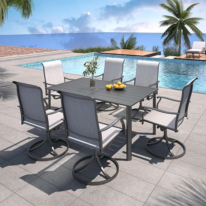 Patio Dining Set, Outdoor 29" Heigh Rectangle Table Grey Swivel Chairs Sty1 | 63"x38" Metal Table, 29" Heigh Table Top,All Weather; 6 Piece Swivel Chairs: High Back,Retro Armrest,Textilene Fabric,Rocking