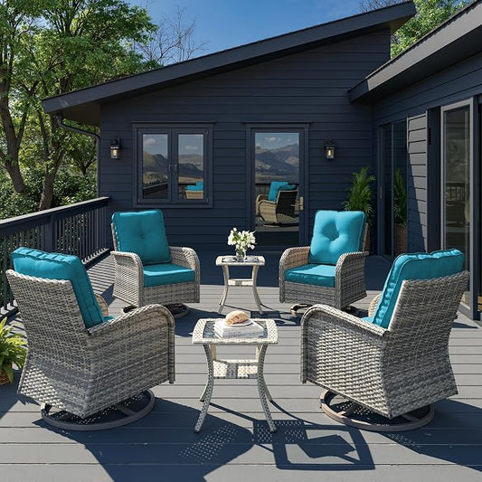 6-Piece Patio Rocking Swivel Chair Outdoor Wicker Rattan Bistro Set with Tempered Glass Side Table, Outdoor Patio Furniture Set for Garden, Deck, and Balcony, Turquoise
