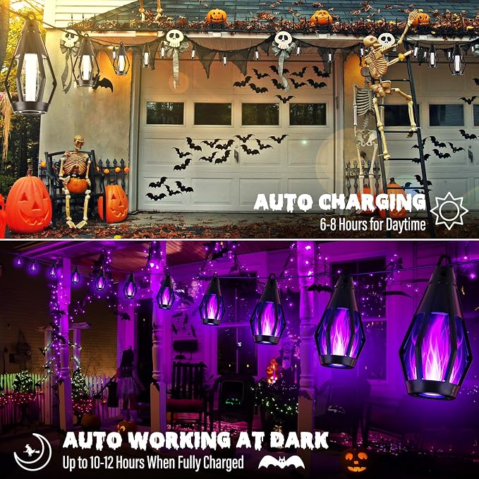 iBaycon 27FT 10 LED Solar Flame Halloween String Lights Outdoor, Purple | Ultra-Real Flickering Flame Lamp Outdoor Waterproof, Solar Patio String Lights for Garden Yard Lawn Halloween Decorations