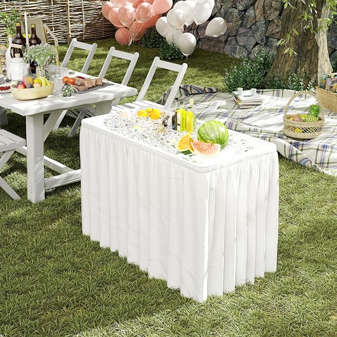 S AFSTAR Folding Ice Table, Ice Cooler with Matching Skirt, Drain Plug, Hose & Foldable Bucket, Portable Bin Table for Picnic, Tailgate Party, Wedding, Camping
