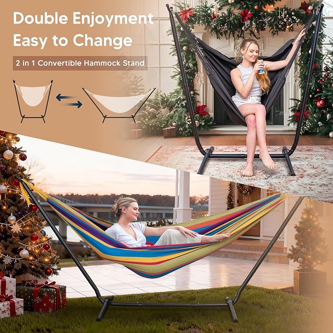 SUNCREAT 2-in-1 Convertible Backyard Fabric Hammock with Stand, Large Hammocks for Outside, Patented, Rainbow
