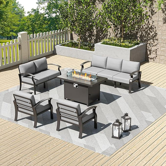 Kullavik Aluminum Patio Furniture Set,5 Piece Modern Metal Outdoor Patio Furniture w/5.1'' Thick Cushion and 45" Propane Fire Pit Table,Patio Conversation Sets for Porch,Deck,Grey