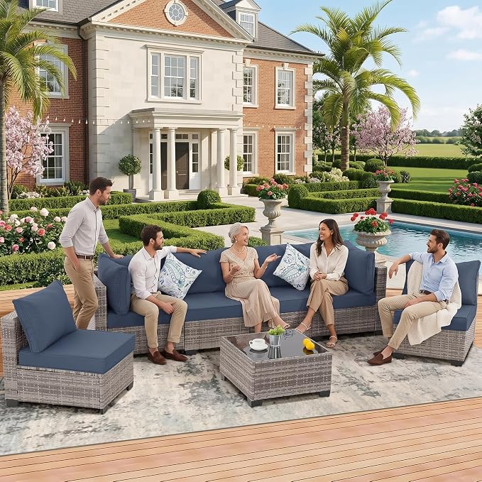 7 Pieces Outdoor Patio Furniture Set, All-Weather Sectional Sofa | Grey Wicker Conversation Set with Glass Table and Blue Cushions | PE Rattan Weaving | Ideal for Patio, Pool, Balcony