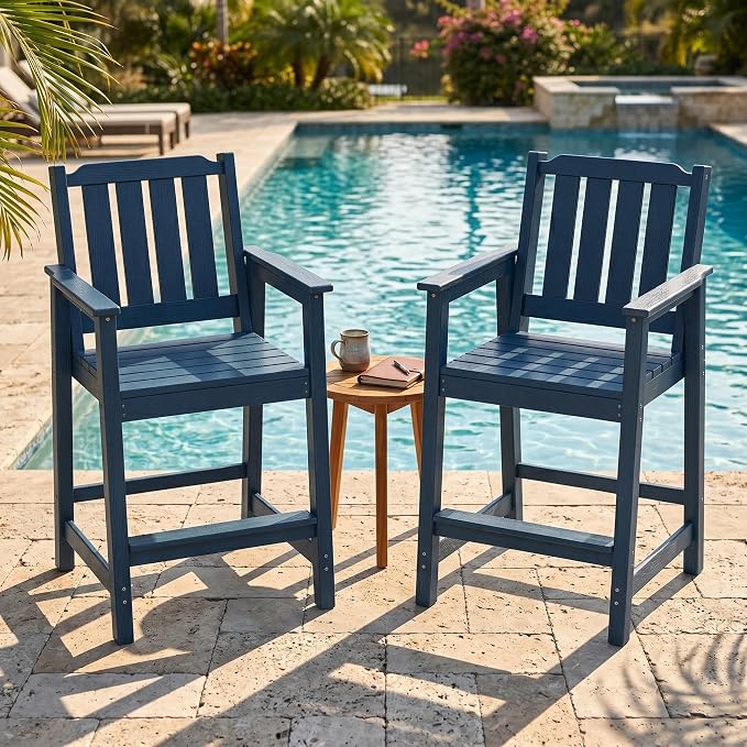 Takywep Set of 2 HDPE Wood Grain Outdoor Bar Stools, 27.7" High Counter Height Chairs with Armrests and Back, Weatherproof Pub Seating for Patio, Balcony, Garden, Deck, Backyard, Navy Blue