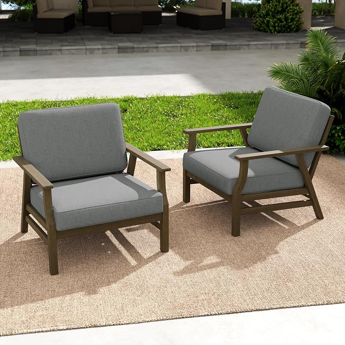3 Piece Wood Patio Chair Outdoor Bistro Set, Outdoor Armchair All Weather Patio Sofa Furniture Backyard Conversation Sets with Wooden Side Table, Gray