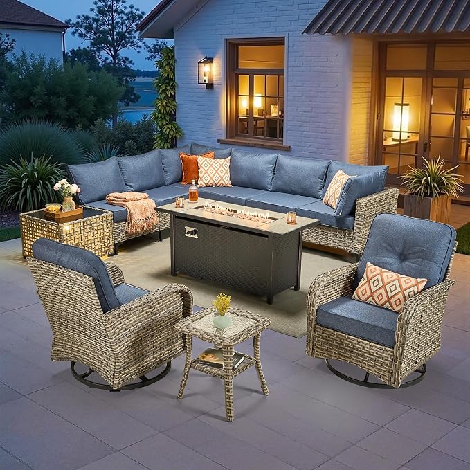 CAODOC 11-Piece Outdoor Sectional Sofa Set w/ 54" Fire Pit – L-Shaped Wicker Patio Furniture, Deep Seating & Swivel Rockers,Light Blue