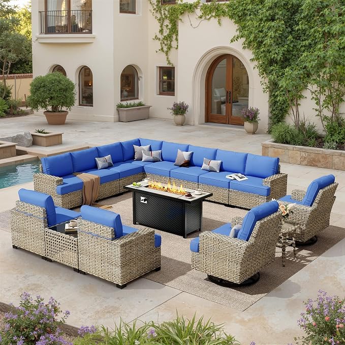 HOOOWOOO Sectional Patio Furniture Set with Fire Pit Table,15 Pieces Wicker Outdoor Furniture L Shaped Couch,Outside Conversation Set Extra Deep Seat Sofa Wide Arm Swivel Chairs Solar Light,Navy Blue