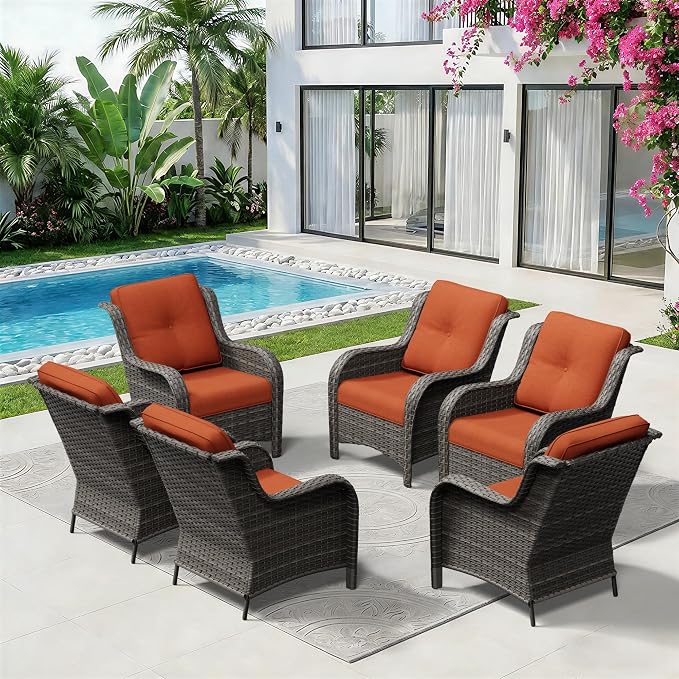 6 Piece Outdoor Wicker Patio Furniture Set, Patio Chairs Set with Thickened Olefin Cushions, High Back and Deep Seating, Hand-Woven PE Rattan for Porch, Deck