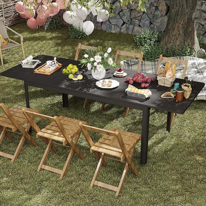 All Aluminum Expandable Patio Dining Table for 6-8 People, Extendable Outdoor Dining Room Table, All Weather Patio Furniture, Rectangular Metal Table with Adjustable Width 65"- 95", Dark Brown