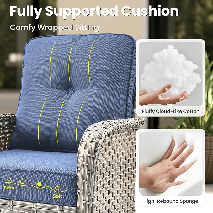 ovios 8-Piece Patio Furniture Set with L-Shape Sofa Chaise, Outdoor Sectional Couch Swivel Gliders, Modern Modular Wicker Rattan Conversation Set, Denim Blue