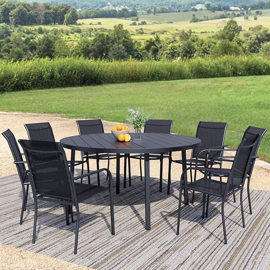 9-Piece Patio Furniture Set, Black Round Patio Table and Black Chairs Set of 8, Outdoor Dining Set with Umbrella Hole for Garden, Yard, Patio
