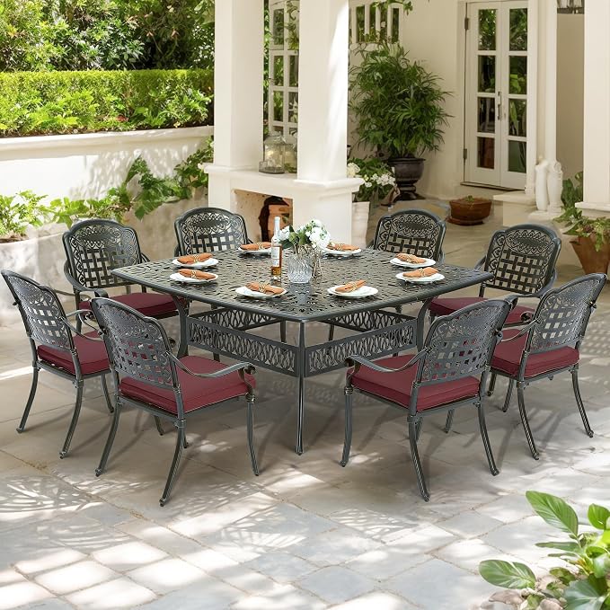 9-Piece Patio Cast Aluminum Dining Set, Outdoor Table and Chairs Set for 8, Includes 64" Large Square Dining Table and 8 Cushioned Chairs with Umbrella Hole for Backyard Lawn Garden, Red