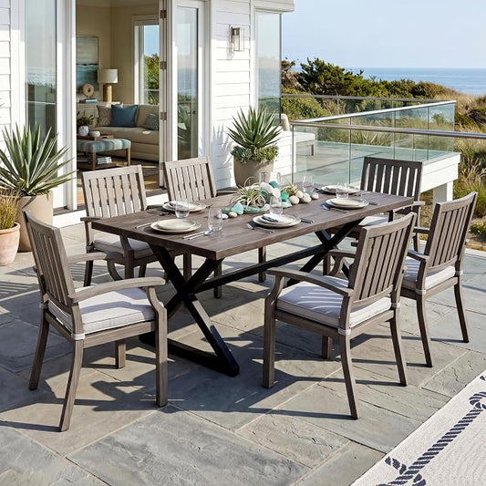 7 PCS Indoor Outdoor Patio Dining Furniture Set, Rectangular Wood Grain Pattern Table, 6 Aluminum Frame Chairs with Removable Thick Cushions, Ideal for Home, Apartment, Courtyard, Lawn, Poolside,Brown
