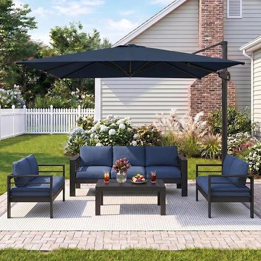 Wisteria Lane 5 Pieces Aluminum Patio Furniture Set with Umbrella, All Weather Oversized Outdoor Furniture Set with Deep Seat and Back Cushion, Patio Conversation Sets with Wide armrest, Blue & Navy