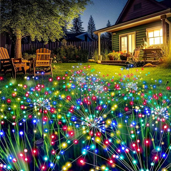 GIGALUMI 8 Pack Solar Firework Lights Outdoor, Garden Decor, Multicolored | 120 LEDs, Fairy Design, Waterproof, Garden Decor, Solar Powered for Yard, Pathway, Flowerbed, Planter, Balcony, Gifts for Mom