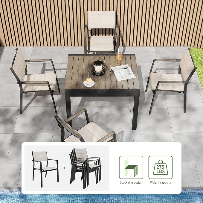 Outdoor Patio Dining Chairs Set of 4, Light Weight Aluminum Frame with Textilene Fabric & Wood-Like Armrest, 275 LBS Capacity, Outdoor Stackable Chairs for Poolside Lawn Garden, Grey Armrest