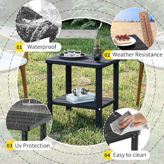 EasyUp Outdoor Side Table & End Table, 2-Tier Waterproof Resin Patio Table, Square End Table with Shelf for Porch, Balcony, Garden, All-Weather Black Outdoor Side Table for Lounge Chairs