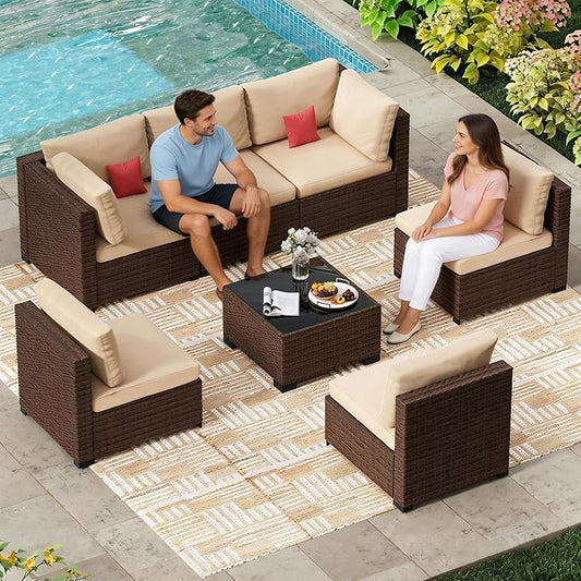 LHBcraft 7 Pieces Outdoor Patio Furniture Sets,PE Rattan Wicker Patio Conversation Set with Tea Table,Patio Sectional with Thick Cushions,Outdoor Furniture for Garden, Deck