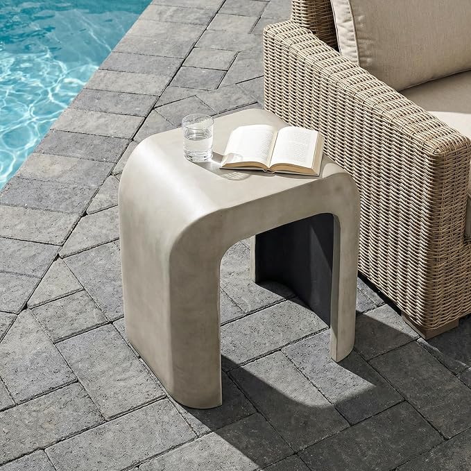 HOMPUS Outdoor Side Table, Concrete End Table w U-Shaped, Round Patio MgO Coffee End Table, Modern Accent Stone Garden Stool for Indoor Outdoor Use, Gray