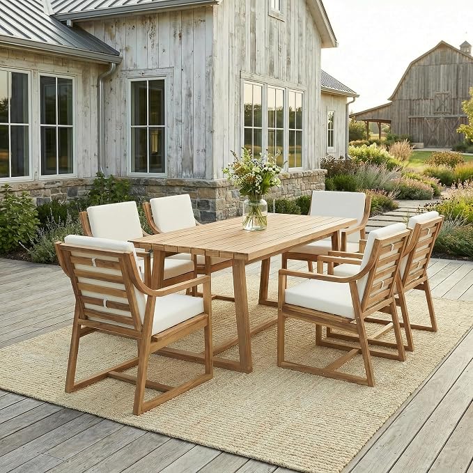 RUNNA Outdoor Dining Set 7-Piece Outdoor Dining Set Patio Table and Chairs Set Modern Outdoor Furniture Set for Patio, Backyard,Garden (Teak+ Beige#31)