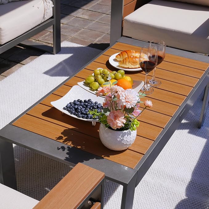 Sundale Outdoor Patio Coffee Table, Rectangular Outdoor Coffee Table with Glitter Shimmer Coated Aluminum Frame and Wood-Like Top, All Weather Deck Table for Patio, Balcony, Deck