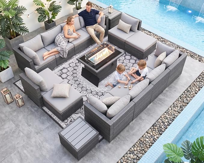 NICESOUL 15 Piece Outdoor Furniture with Fire Pit, Gray Wicker Patio Sectional with Fire Pit Table, Modular 29.3" Highback Large Size Sectional Sofa for Outside Pool Backyard, Light Gray