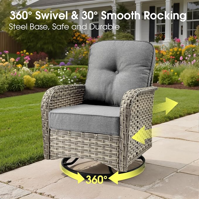 Wicker Patio Furniture Set with Fire Pit Table,9 Pieces Outdoor Sectional with Swivel Chairs Ottoman,Out Door Furniture Conversation Set,Dark Grey