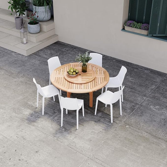 Urban Elements Melbourne 7-Piece Patio Furniture Set | Teak Finish 100% FSC Eucalyptus Wood | Backyard Furniture, Outside Table and Chairs, Round Outdoor Dining Set, White